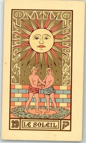 sign Wirth, Oswald Tarotkarte Le soleil 19 Halbnackter Mann und Frau unter einer heiß scheinenden Sonne Spielkarte
