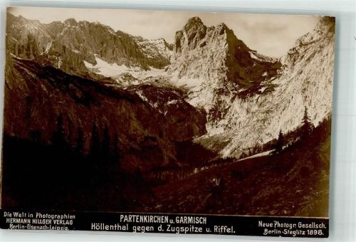 Garmisch 1898 Höllenthal mit Zugspitze und Riffel Neue Photographische Gesellschaft Die Welt in Photographien Rückseite mit topographischer Beschreibung Informationskarte