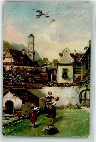 1924 Klapperstorch Kinder halten ihre Schürzen auf, um ein Baby aufzufangen