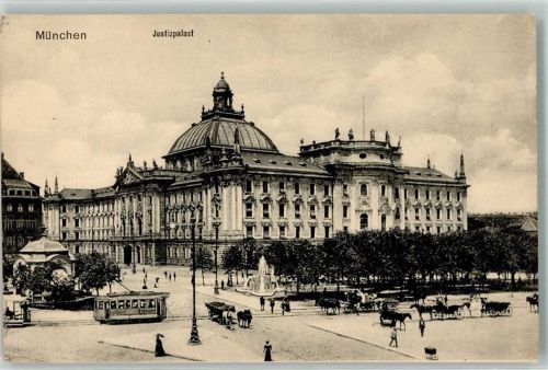 München Justizpalast Straßenbahn Kutsche