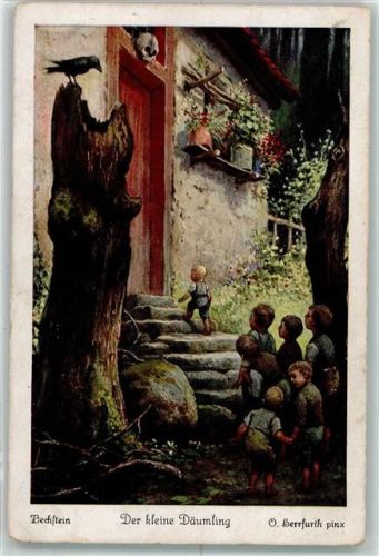 Der kleine Däumling Kinder Totenkopf Rabe sign. Herrfurth O. Uvachrom Serie 311 Nr.4847