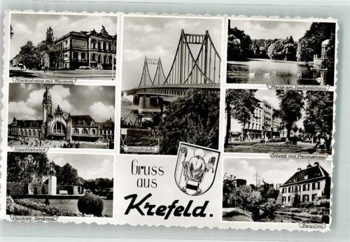 Krefeld Marktstrasse Museum Stadtwaldhaus Hauptbahnhof Rheinbrücke Ostwaöö Passagehaus Husaren Denkmal Burg Linn Gruss Wappen Schwan