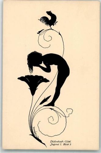 1911 Schattenzeichnung Mädchen wäscht sich in Glockenblume die Haare Göttliche Jugend Blatt 3 Verlag B. G. Teubner