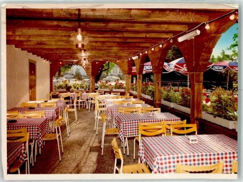 Wangen Gasthaus Terrasse Blumen Sonnenschirm Ort handschriftlich Foto Original aus Archiv eines Ansichtskartenverlags