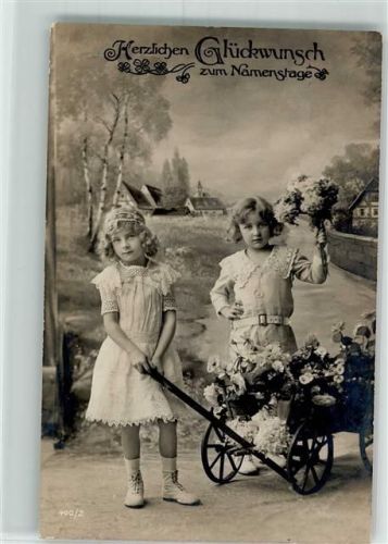 1916 Namenstag Kinder Bollerwagen Blumen