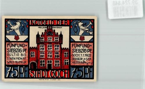 Goch 1922 75 Pfennig Haus zu den Fünf Ringen