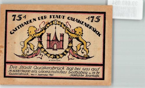 Quakenbrück 1921 75 Pf. Guthaben der Stadt Gasthaus Sattlermeister