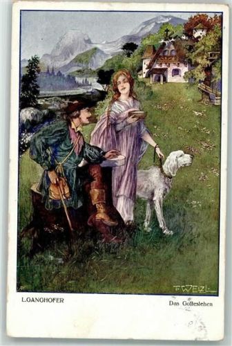 1918 sign. Welzl junge Frau versorgt einen Wanderer mit Hund