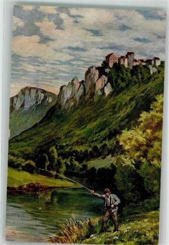 Leibertingen 1924 sign. Hummel Angler unterhalb Burg Wildenstein Verlag Edm. von König Serie II Blatt 9
