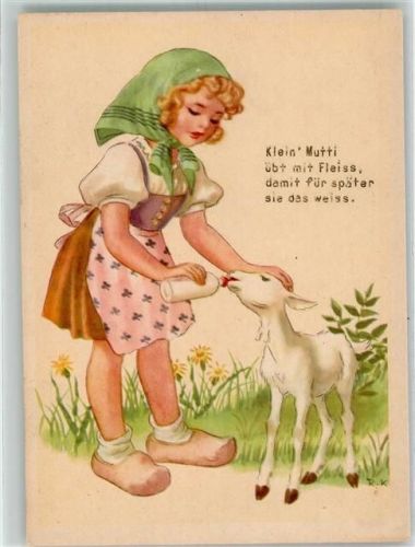 Mädchen in Tracht gibt einem Zicklein aus einer Flasche Milch zum trinken Verlag J. Burger