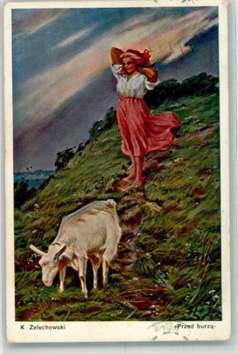 Santa Fe 1911 sign. Zelechowski Mädchen mit seiner Ziege in der Dämmerung auf einem Hügel Maschinenstempel