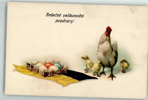 Huhn mit Küken Nest mit bunten Eiern Fahne von Österreich