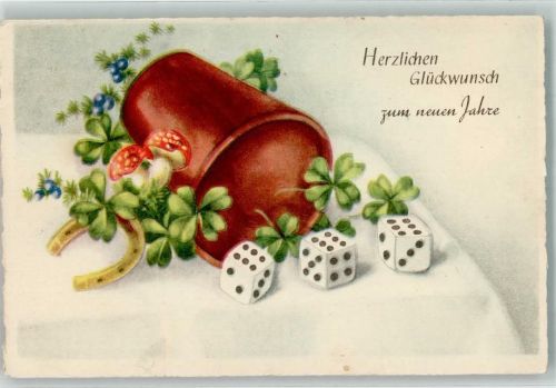 1940 Neujahr Würfelbecher mit Fliegenpilz Glücksklee und Hufeisen