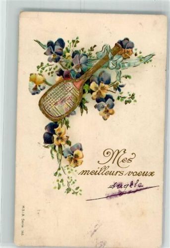 1904 Prägedruck Mes meilleurs voeux Tennisschläger Blüten