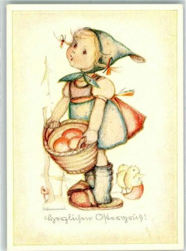 1953 Kind Küken Korb mit Eier Ostern sign. Hummel Verlag Josef Müller Nr. 4642