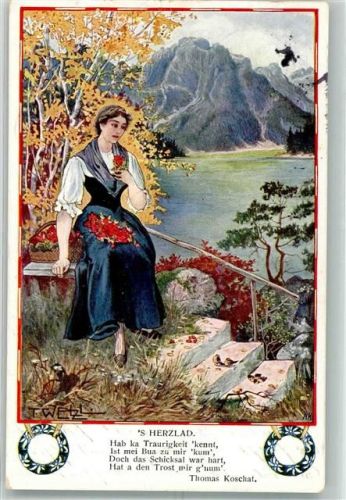 1913 sign. Welzl Junge Frau sitzt mit Liebeskummer über einem See im Hochgebirge Poesie / Liebe B.K.W.I. 278-3