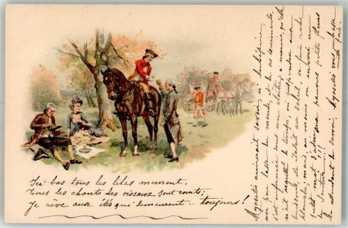 1900 Adelige beim Picknick kredenzen einem Reiter hoch zu Pferd eine Erfrischung