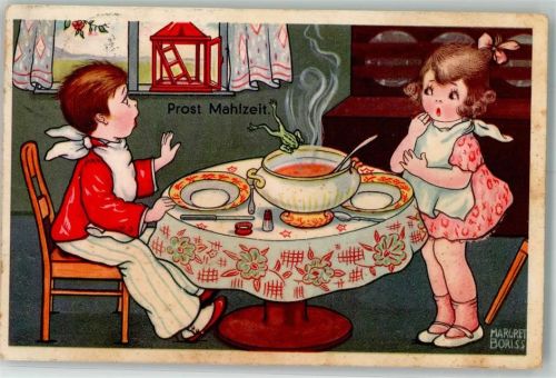 1931 Prost Mahlzeit! Kinder freuen sich auf die Suppe in der Terrine bis ein Frosch hereinspringt Amag 0338