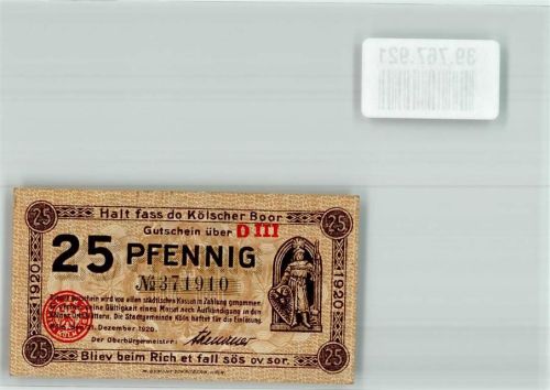 Köln, unsortiert 1920 25 Pfennig Gutschein D III No. 371910