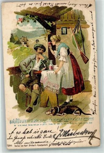 1900 Jäger und Jagdhund im Gasthaus Noten Verlag Karl Stücker 7291