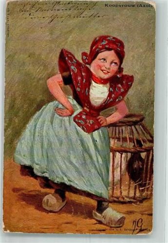 1904 sign. Koopvrouw, Axel Mädchen mit Holzklotschen in holländischer Tracht neben Hühnerkäfig Künstlerkarte