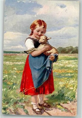 1907 sign. C.P. Mädchen in österreichischer Tracht mit einem Lamm in den Armen