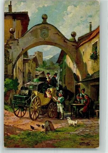 1926 sign. Frank Passkontrolle der Fahrgäste einer Kutsche am Tor zur StadtVerlag Emil Köhn 1077