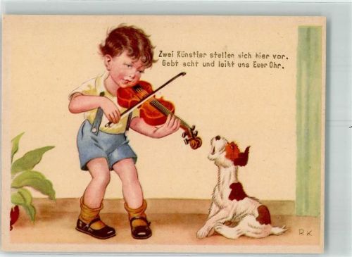 Junge spielt auf der Geige dem heulenden Hund ein Ständchen Verlag J. Burger