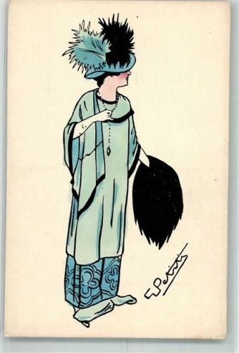 sign. Petiti Frau im blauen pastellfarbenen Kleid mit Hut und Federn