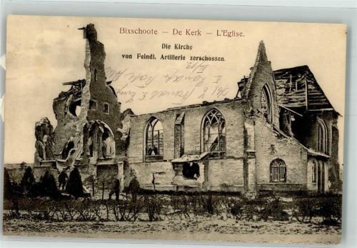 Bikschote 1916 Kirche zerstört Feldpost WK I Nr. 5 S.B. II.Ldst.Inf.-B. Pdm.