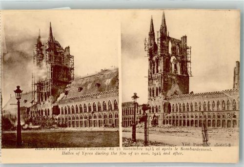 Ypres 1914 Tuchhallen vor und nach der Bombardierung 1914