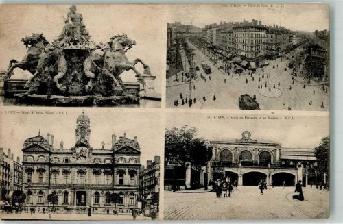 Lyon 1910 Denkmal Rathaus Bahnhof Place du Pont Straßenbahn
