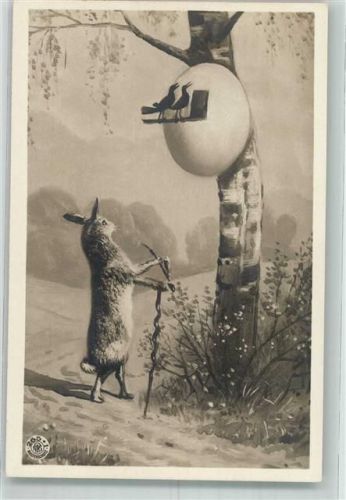 Nr. 265/1 Ostern Hase mit Pfeife betrachtet ein Vogelnest gebaut aus einem Ei Tiere vermenschlicht