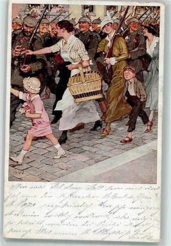 1915 Frauen und Kinder begleiten ihre ausmarschierenden Männern in feldgrauer Uniform Verlag Albert Langen Nr. 7 Feldpost WK I München