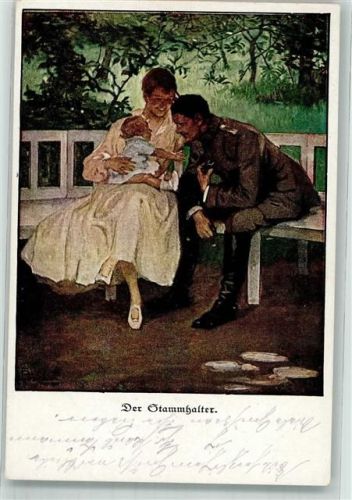 1917 Deutscher Offizier sitzt mit Frau und Baby auf der Parkbank Verlag der lustigen Blätter Serie VII Nr. 3 WK I