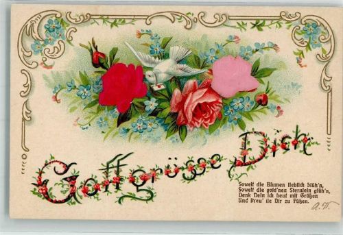 mit Echstoffaplikation Taube Rosen Vergissmeinnicht Spruch Gott grüsse Dich