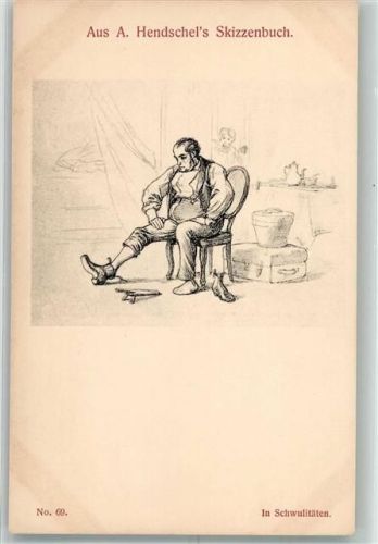Aus A. Hendschels Skizzenbuch No. 69 In Schwulitäten Beleibter Mann mit Schwierigkeiten beim Ausziehen eines Schuhes Verlag Martin Rommel & Co.