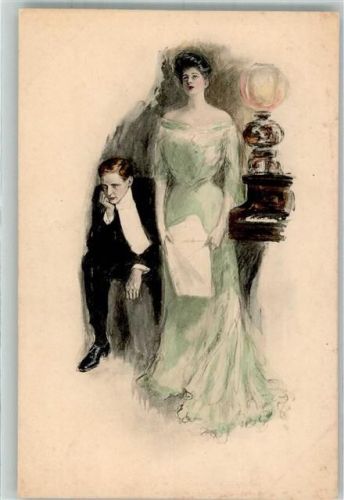 Nr. 303 Frau in grünem Kleid und junger eleganter Mann blicken ratlos angesichts der Klavierpartitur