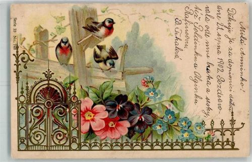 1900 Litho Blüten Vergissmeinnicht Golddruck