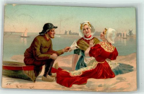1904 sign.Nanniga M. Seemann Windmühle Segelboot Holzschuhe
