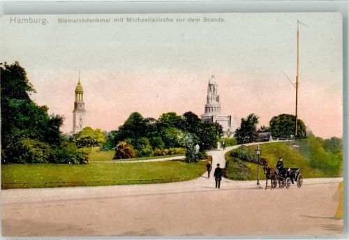 Hamburg Bismarckdenkmal m. Michaeliskirche vor dem Brand