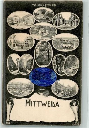 Mittweida Mikroskop-Postkarte Schloss Krankenhaus Marktplatz