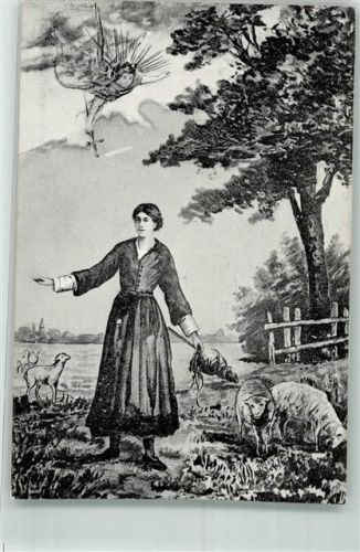 Ein Engel fährt auf die zwischen Schafen strehende französische Nationalheilige Jeanne d'Arc nieder