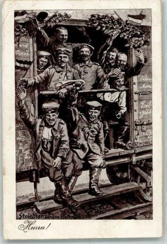 1915 sign. Strieffler Jubelnde deusche Soldaten im Eisenbahnwaggon auf dem Weg zur Front Künstlerkarte Feldpost WK I Passau