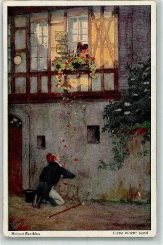 Liebe macht blind Mann kniet vor dem Fenster der Angebeteten hinter dem der Vater lauert Primus Verlag Wohlgemuth & Lissner No. 3009
