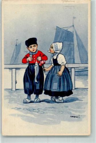 1932 sign. Lax Holzschuhe Fisch Segelboot Serie 568-4 Verlag Dell Anna & Gasparini Milano