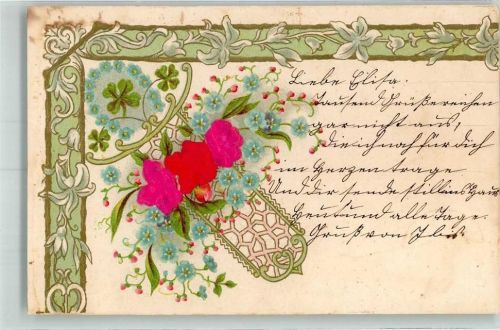 1902 mit Echstoffaplikation Vergissmeinnicht Rosen Kleeblätter Hufeisen