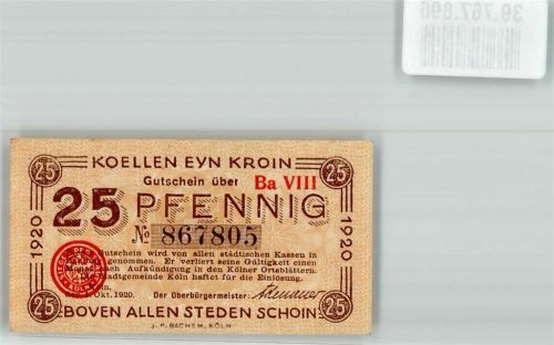 Köln, unsortiert 1920 25 Pfennig Gutschein Ba VIII No 867805