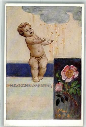 München 1912 sign. Kaulbach Heckenröschentag Goldtaler regnen vom Himmel