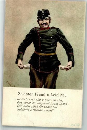 Schweizer Soldat in Uniform mit leeren Taschen Soldaten Freud und Leid No. 1